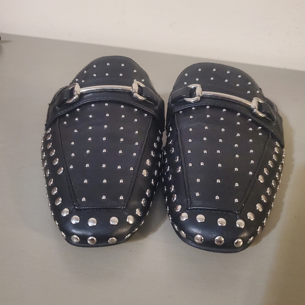 Steven by Steve Madden Razzi Black Leather Studded Loafer Slides Slip On Mules - Picture 3 of 7